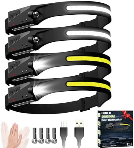 BudK 4-Piece Rechargeable Headlamp Set for Adults