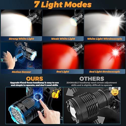 XILUO 300000 LM Red Headlamp - Rechargeable 90 Adjustable with 7 Modes