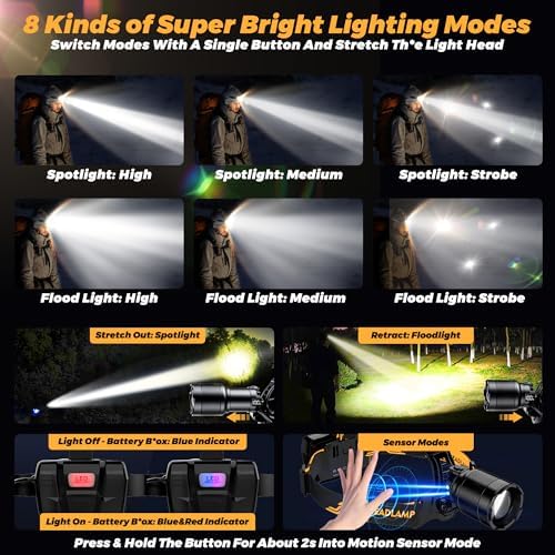 XILUO150000 LM Super Bright HeadlampIP68 Waterproof with 8 Modes3280ft Irradiation Distance10hr Standby