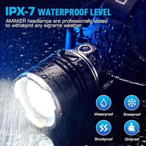 AMAKER 900000 Lumens LED Headlamp Low Battery IPX7 Waterproof Adjustable Powerful Beam