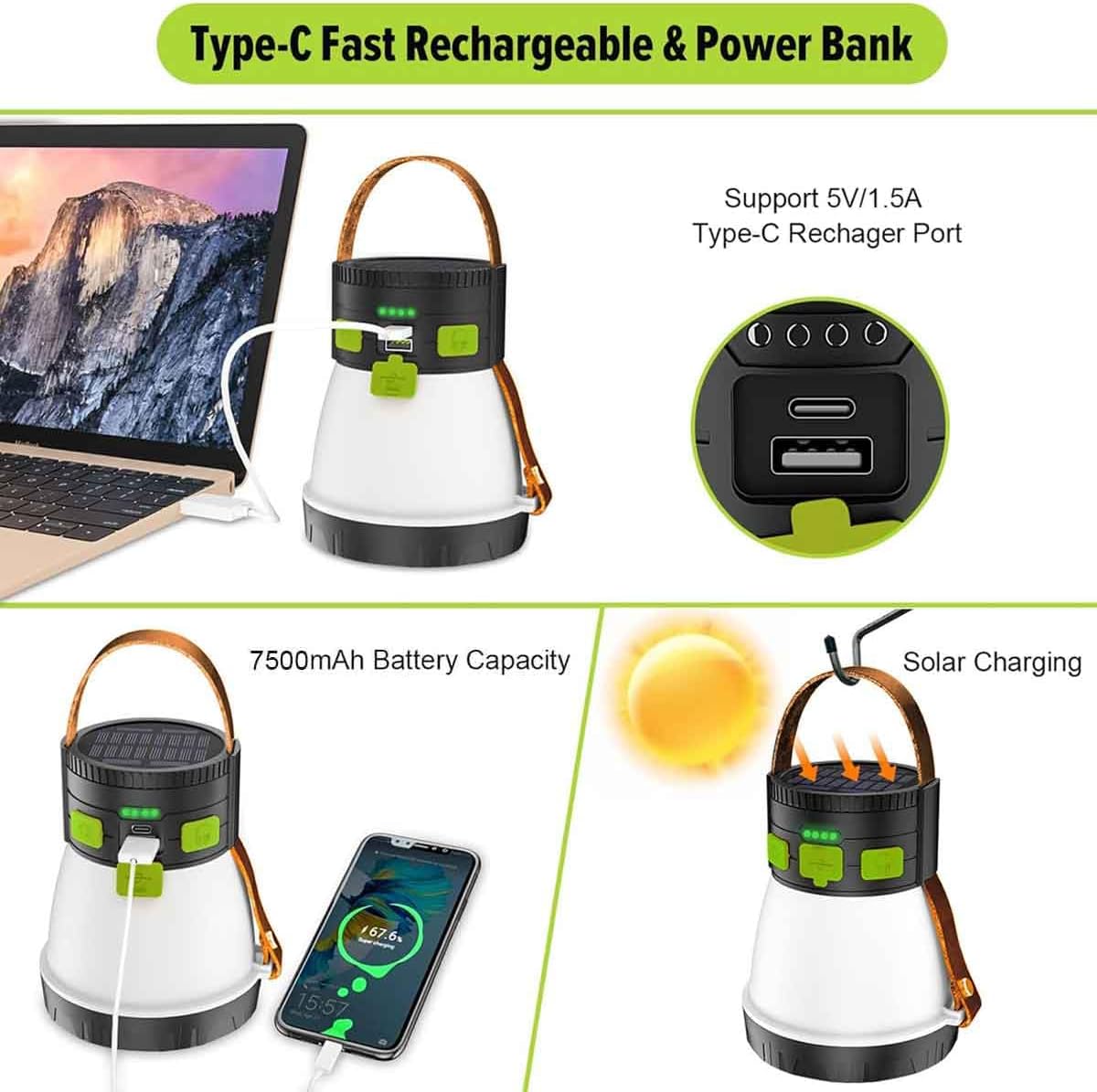 iToncs LED Camping Lantern 1500 Lumens Rechargeable Solar Setup