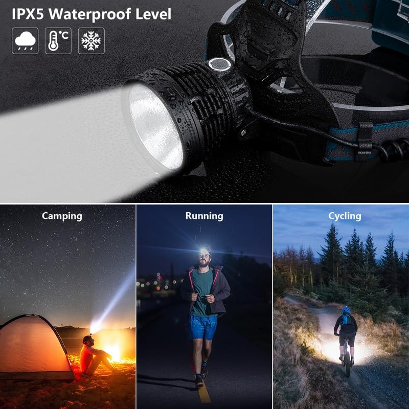 TUNFOU LED Headlamp 90000 Lumen Waterproof 4 Modes