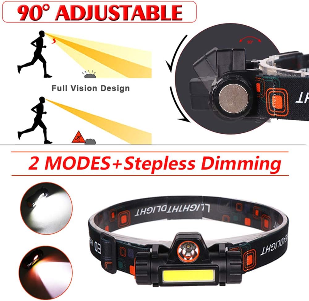 2 Pack Rechargeable Forehead Head Light - Night Walking Construction Headlamp US