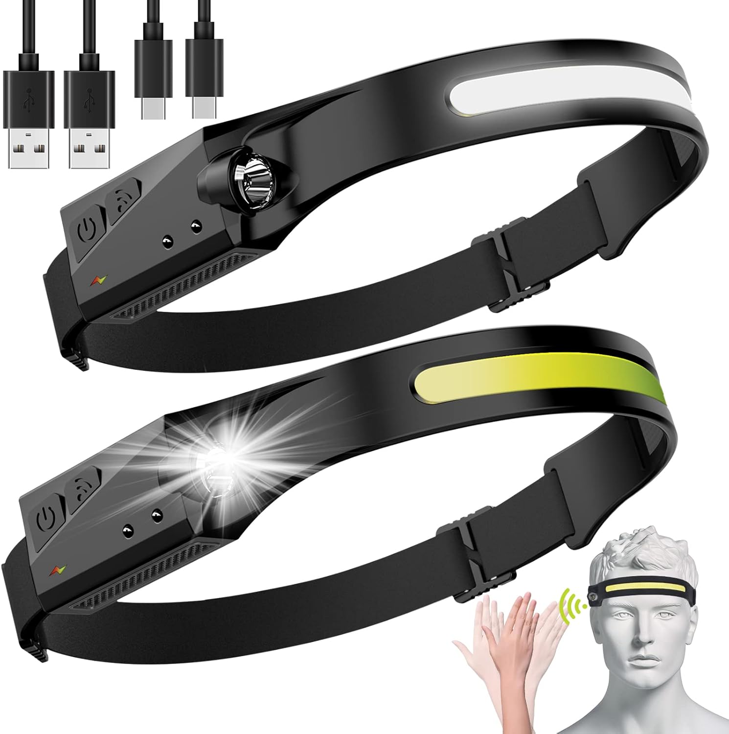 AvlxtLED Headlamp 2 Pack Rechargeable Smart Control 230 Wide Beam Multi-Mode Waterproof