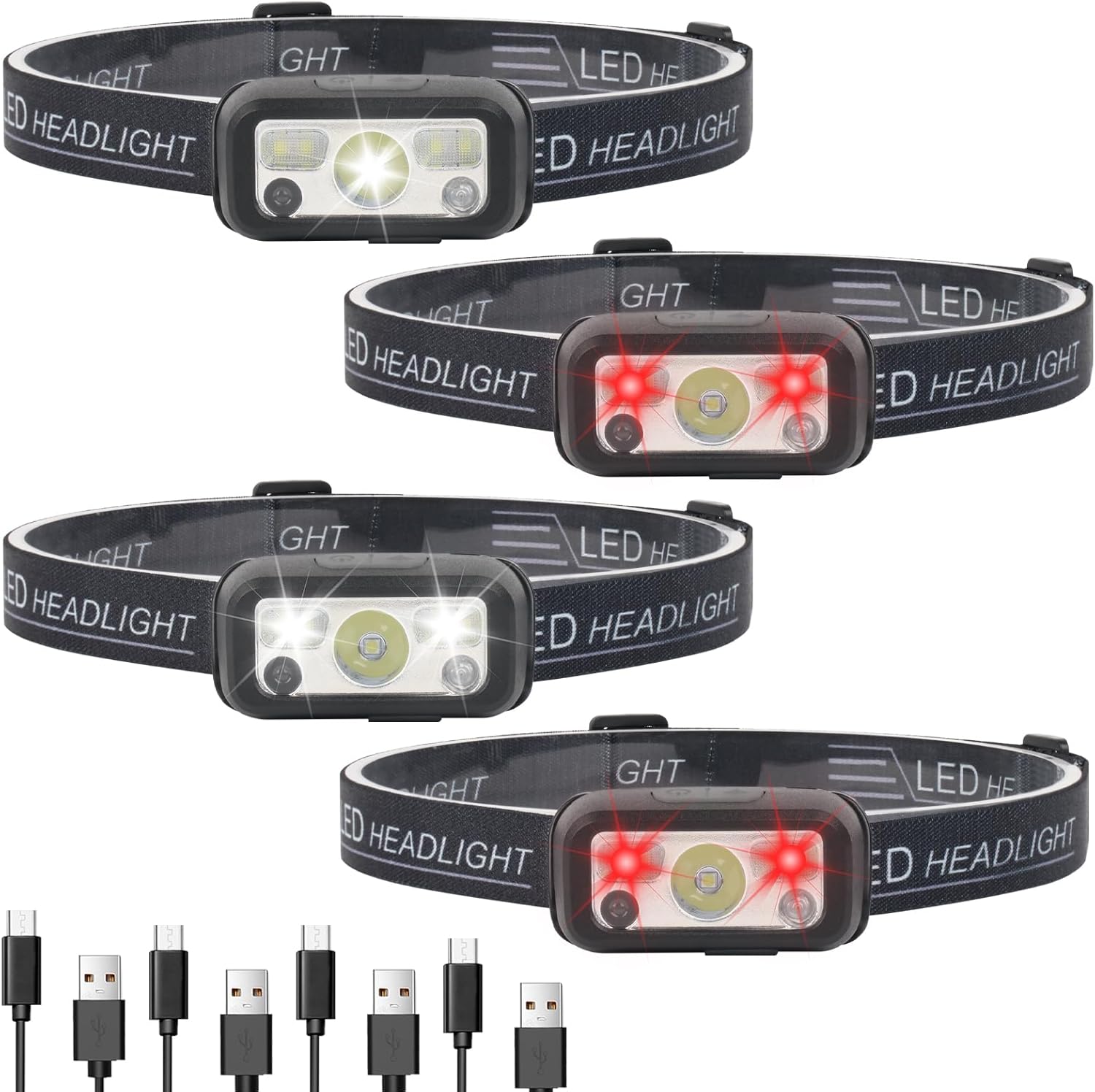 Hilngav Headlamp Rechargeable 4-Pack 14 Modes White Red