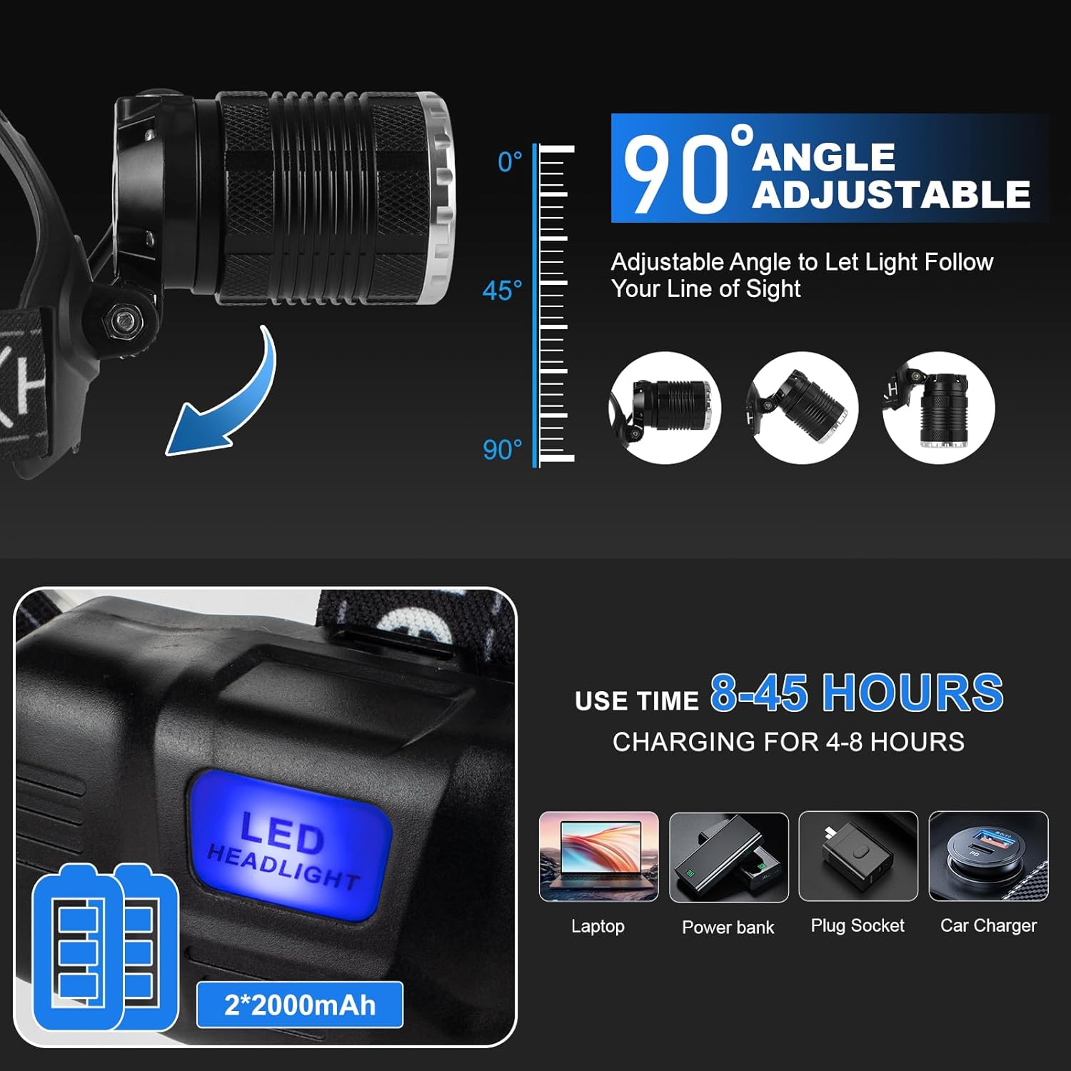 Bright Portable 990000 Lumens Adjustable Rechargeable IPX6 Waterproof