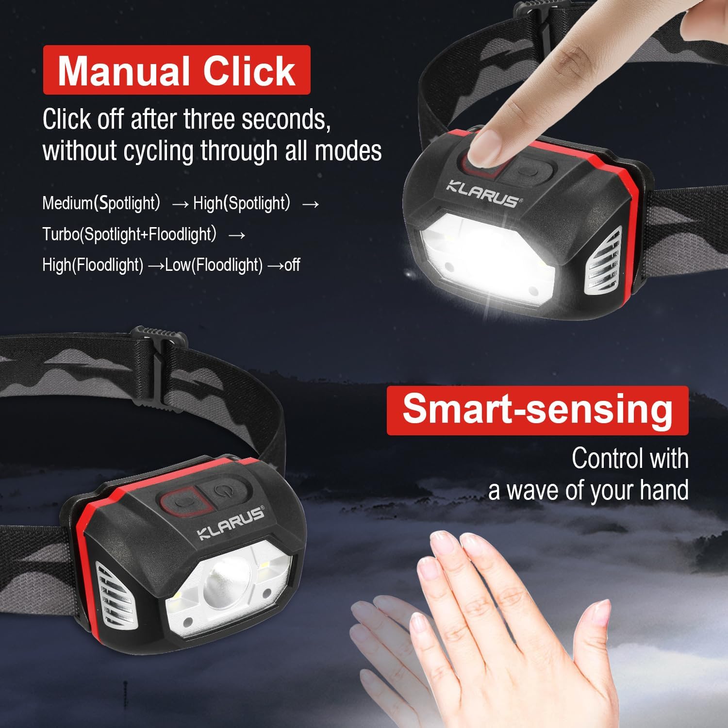 Klarus HM1 Rechargeable Headlamp with Motion Sensor Waterproof 70-Hour Battery