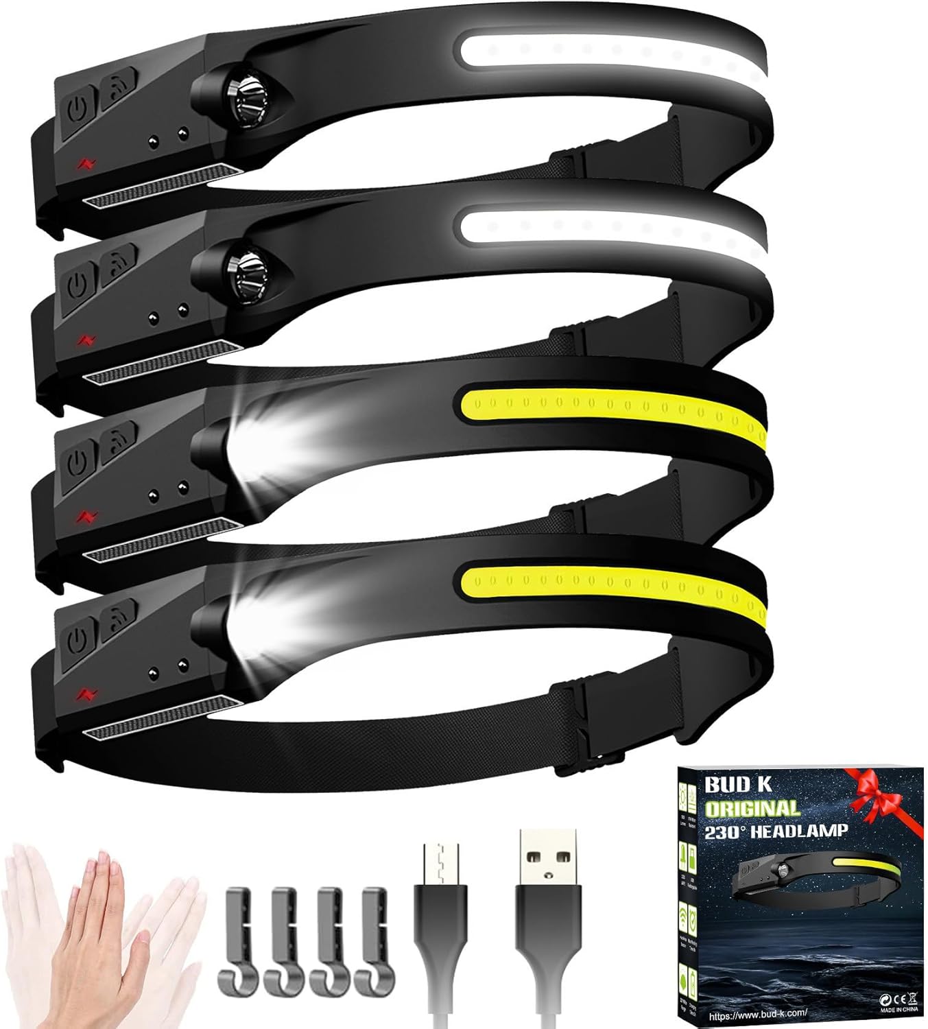 BudK 4-Piece Rechargeable Headlamp Set for Adults