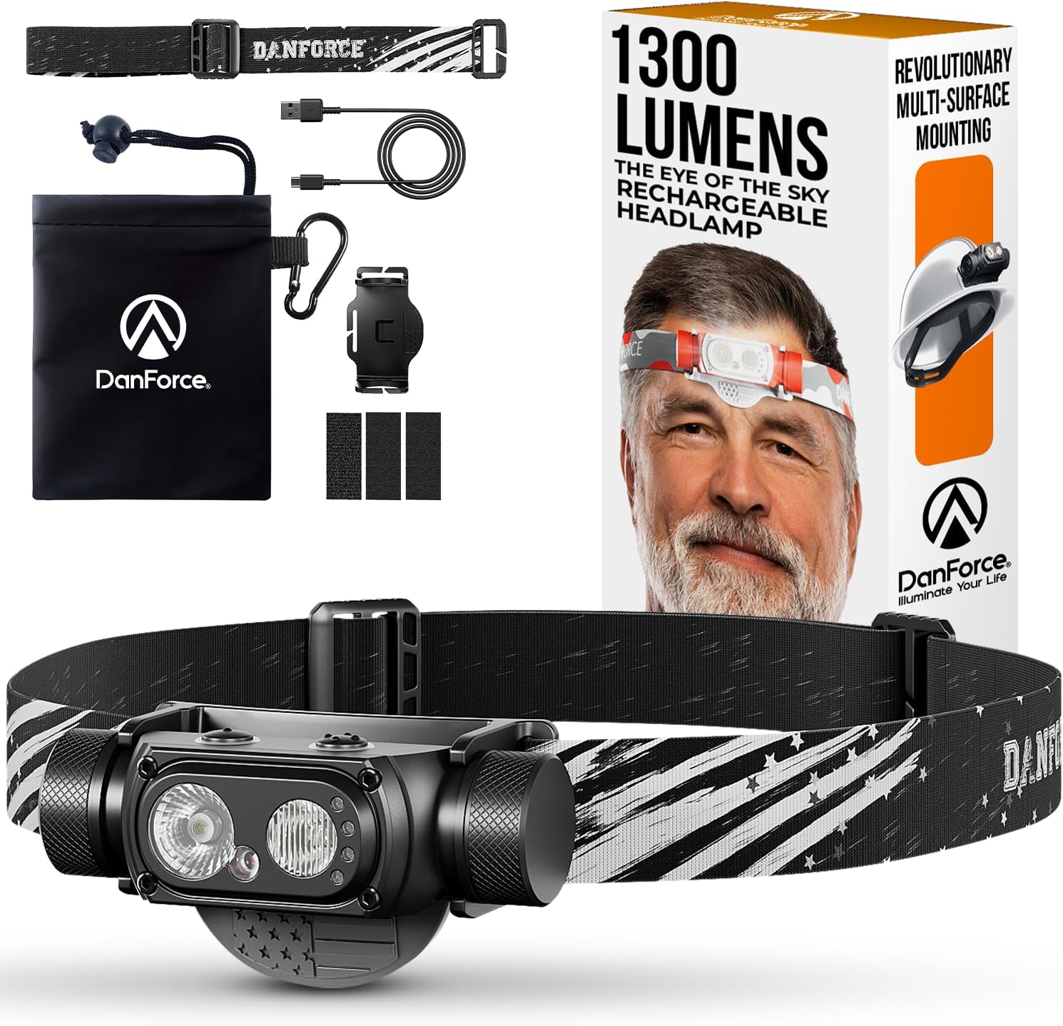 DanForce Rechargeable Headlamp 1300 Lumens IPX65 Dual Modes