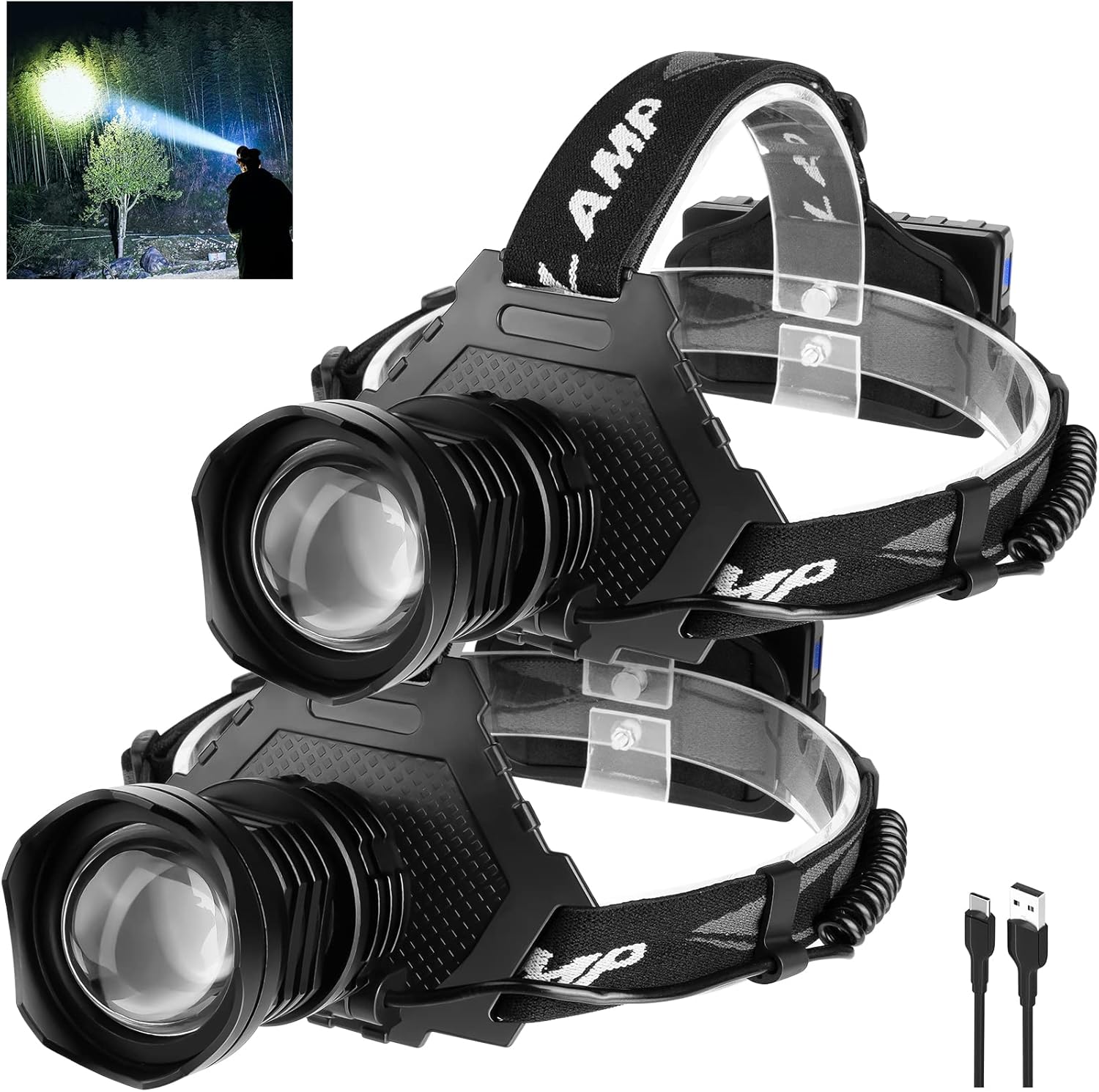 Rechargeable LED Headlamp 100000 Lumens Ipx7 Waterproof 90 Adjustable SOS Mode