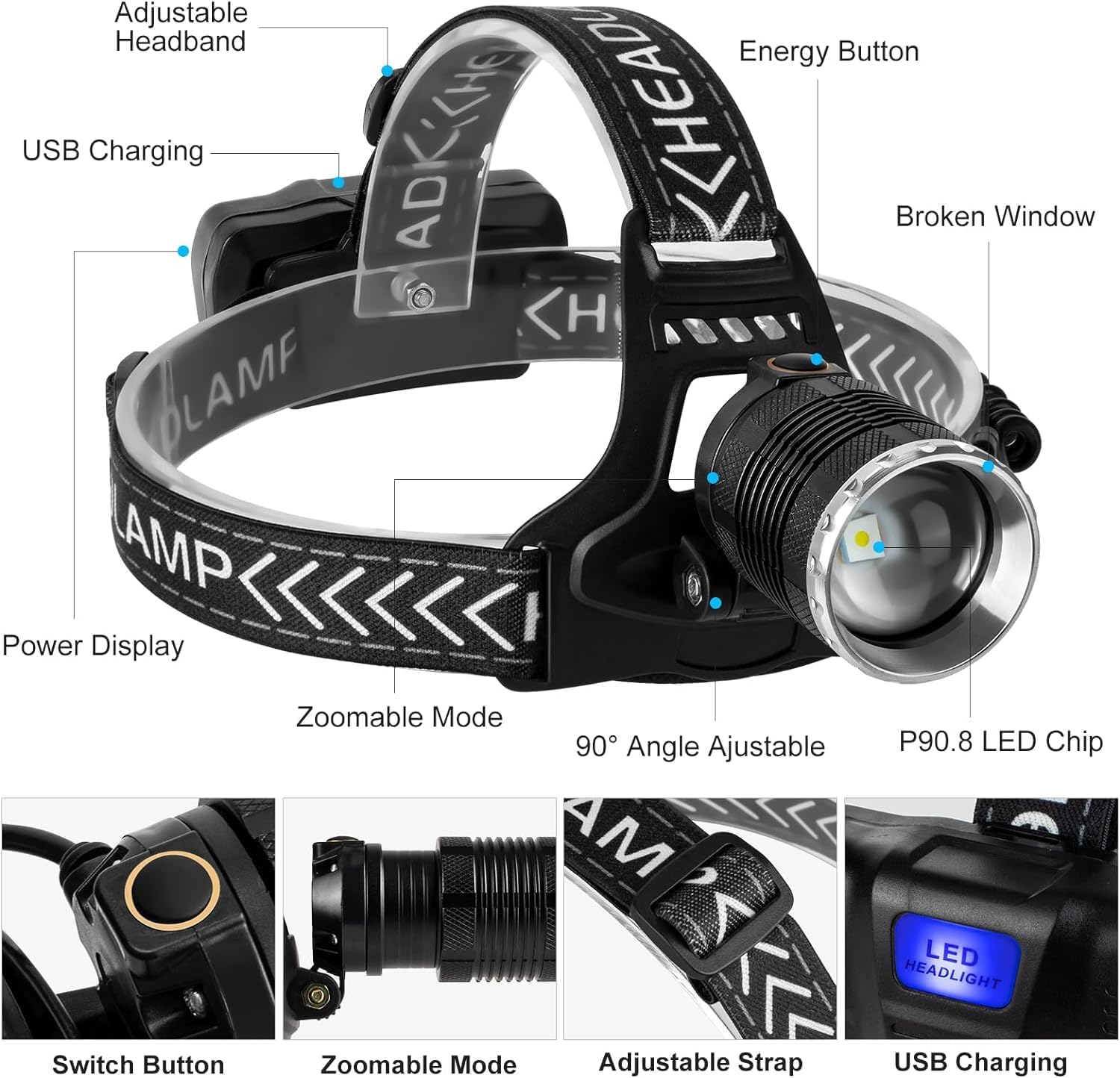 Bright Portable 990000 Lumens Adjustable Rechargeable IPX6 Waterproof