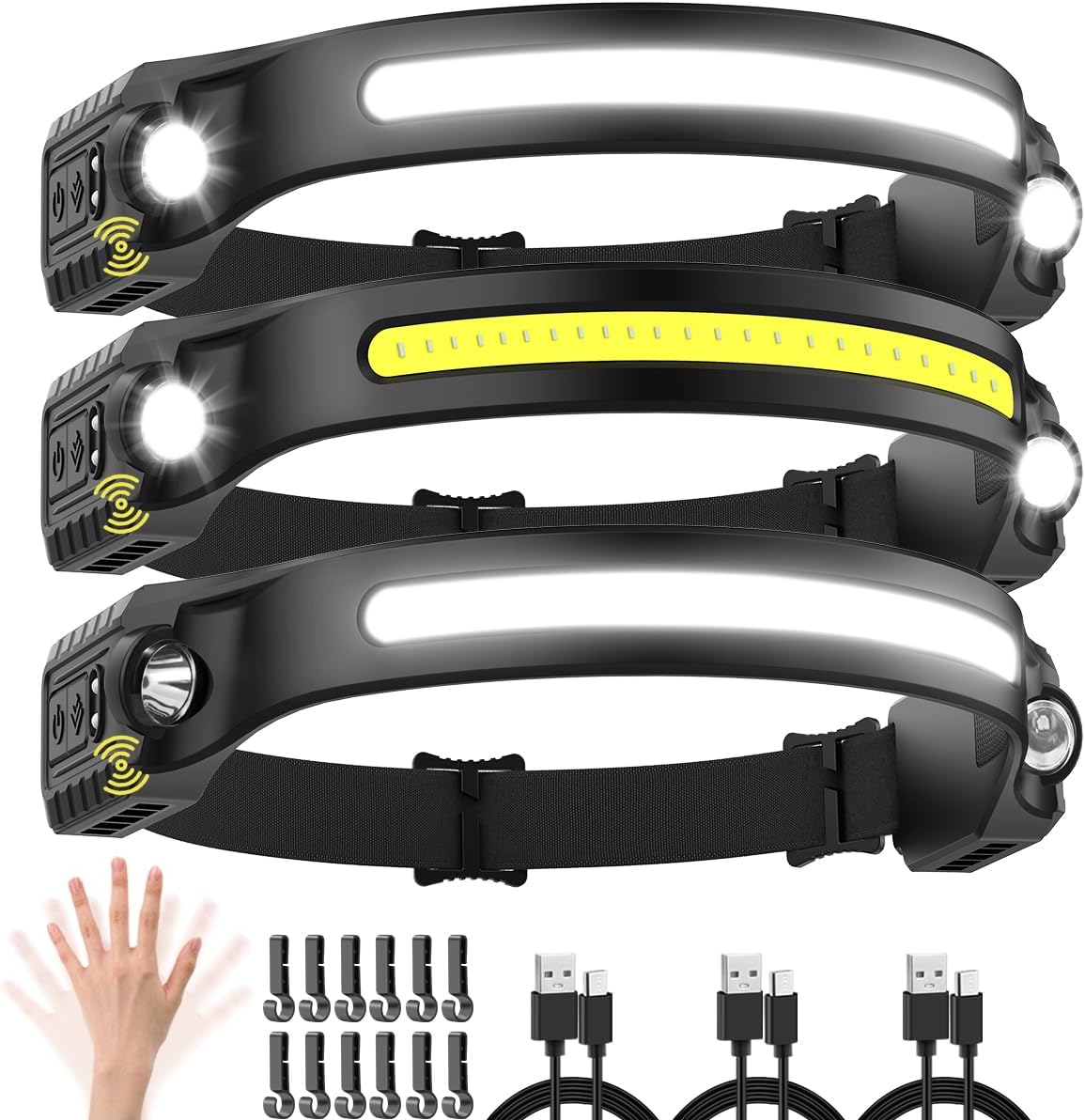 UUYEE 3Pack Rechargeable Headlamp with 2 Spotlights