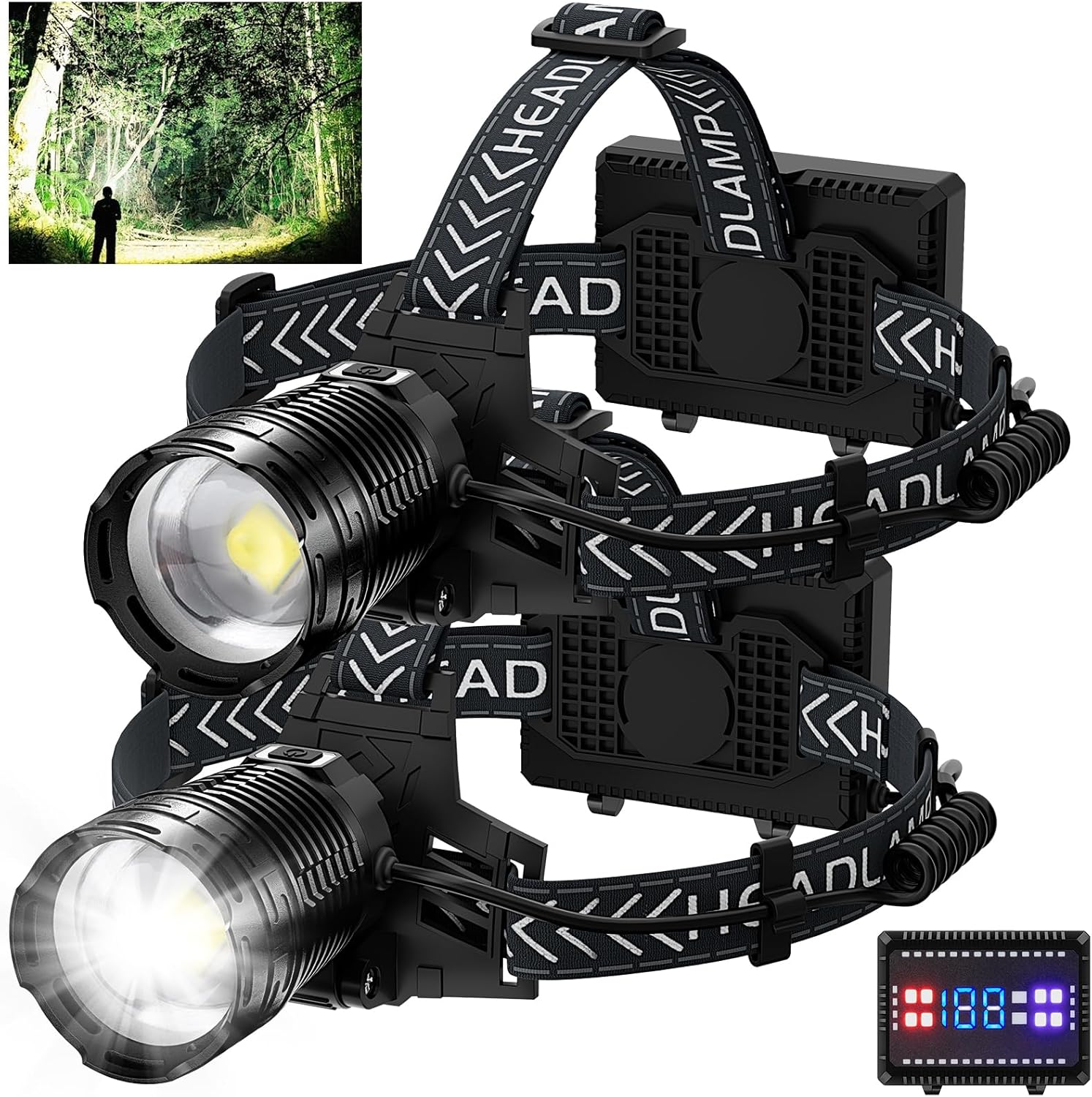 Cinlinso Rechargeable Headlamp 2-Pack 4 Modes 90 Adjustable 990000 Lumens IPX6 Waterproof