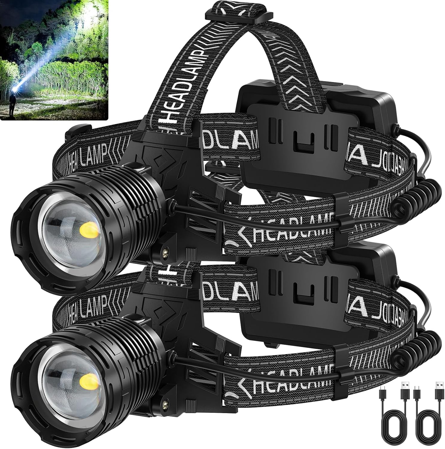 KungfRechargeable Headlamp - 990000 Lumens 3 Modes Water Resistant Comfortable