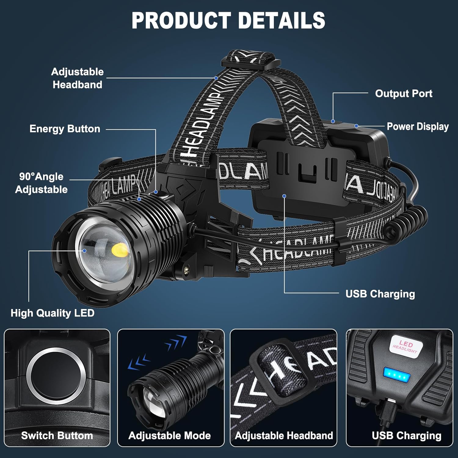 KungfRechargeable Headlamp - 990000 Lumens 3 Modes Water Resistant Comfortable