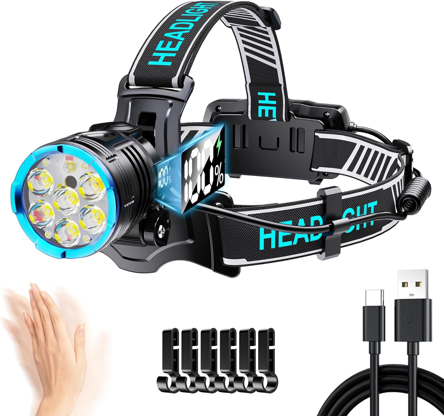 XILUO 300000 LM Red Headlamp - Rechargeable 90 Adjustable with 7 Modes