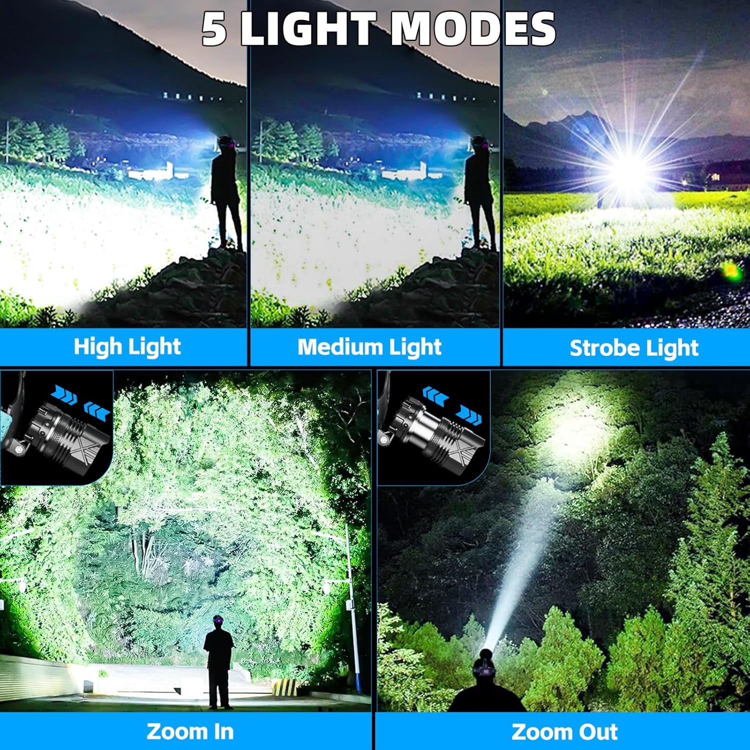 Rechargeable LED Headlamp with 990000 Lumens 5 Lighting Modes Adjunction IPX7 WaterPROOF