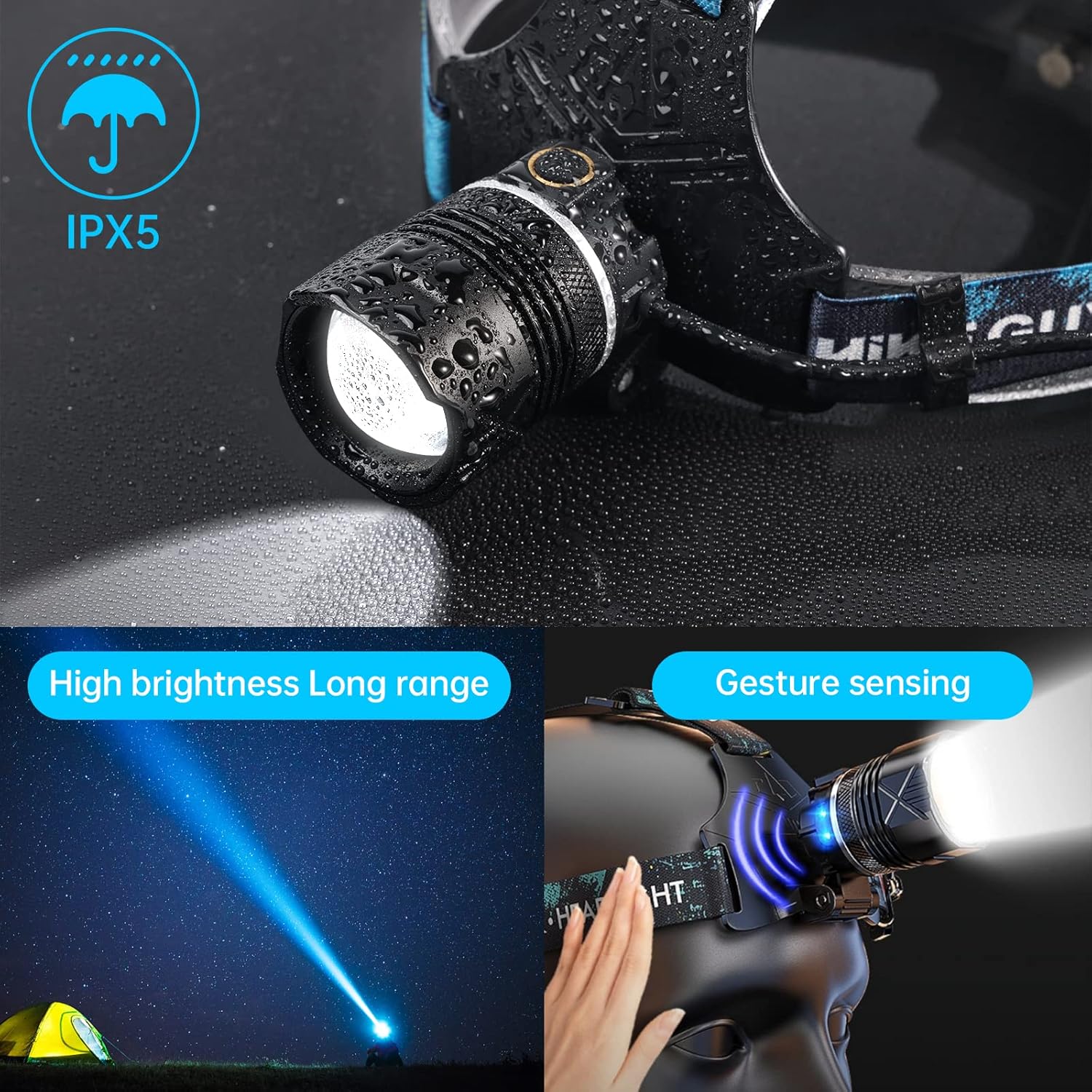 IPX5 Waterproof Expandable Headlamp for Adults 90000 Lumens 6 Modes