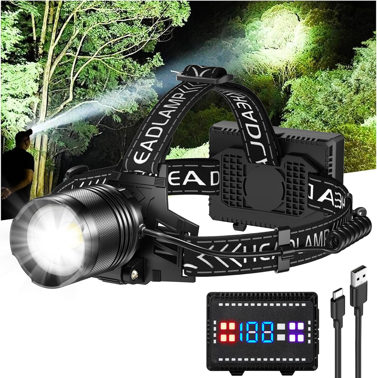 990000 Lumens Adjustable Headlamp for Camping