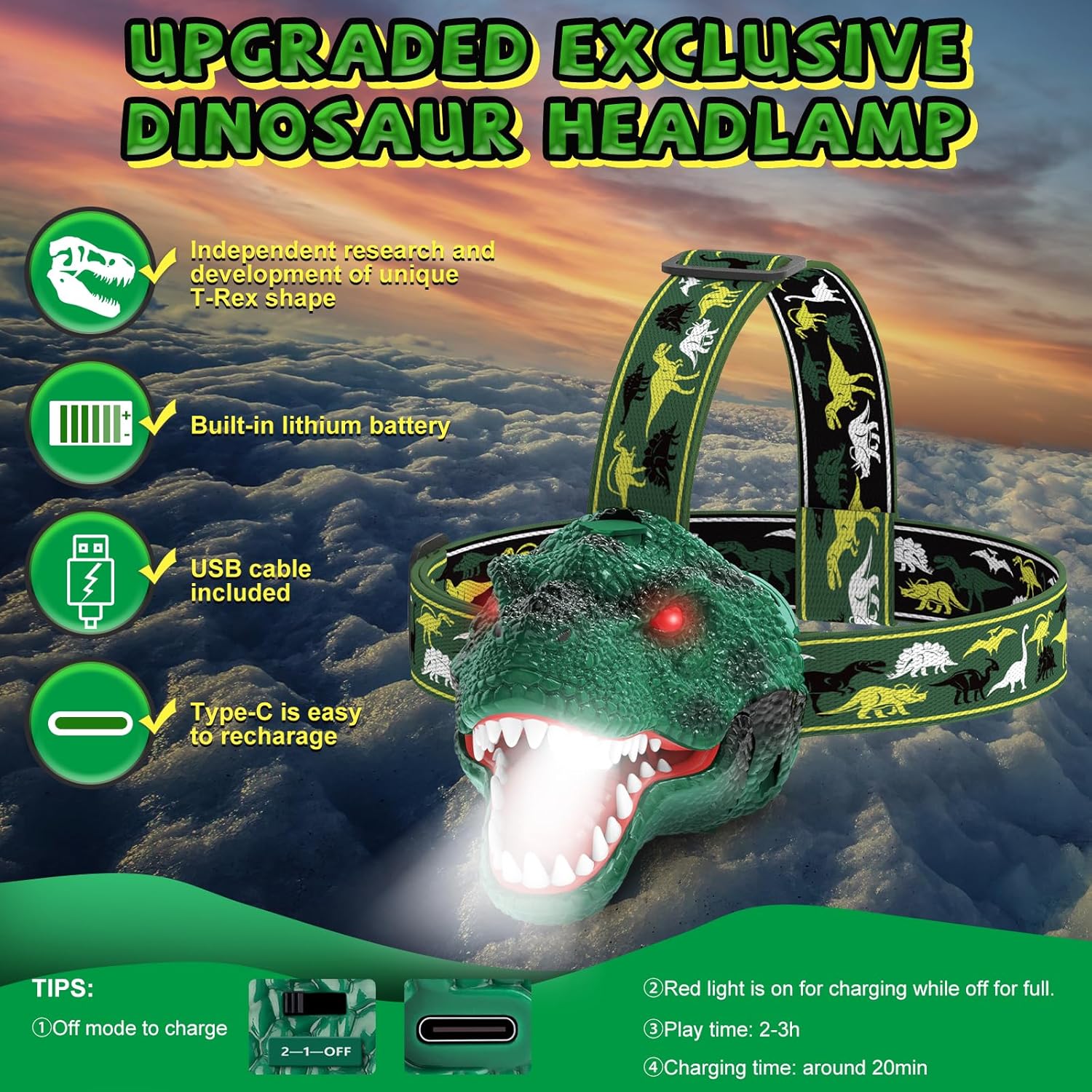 Nitigo Spray Dinosaur Headlamp for Kids Adults