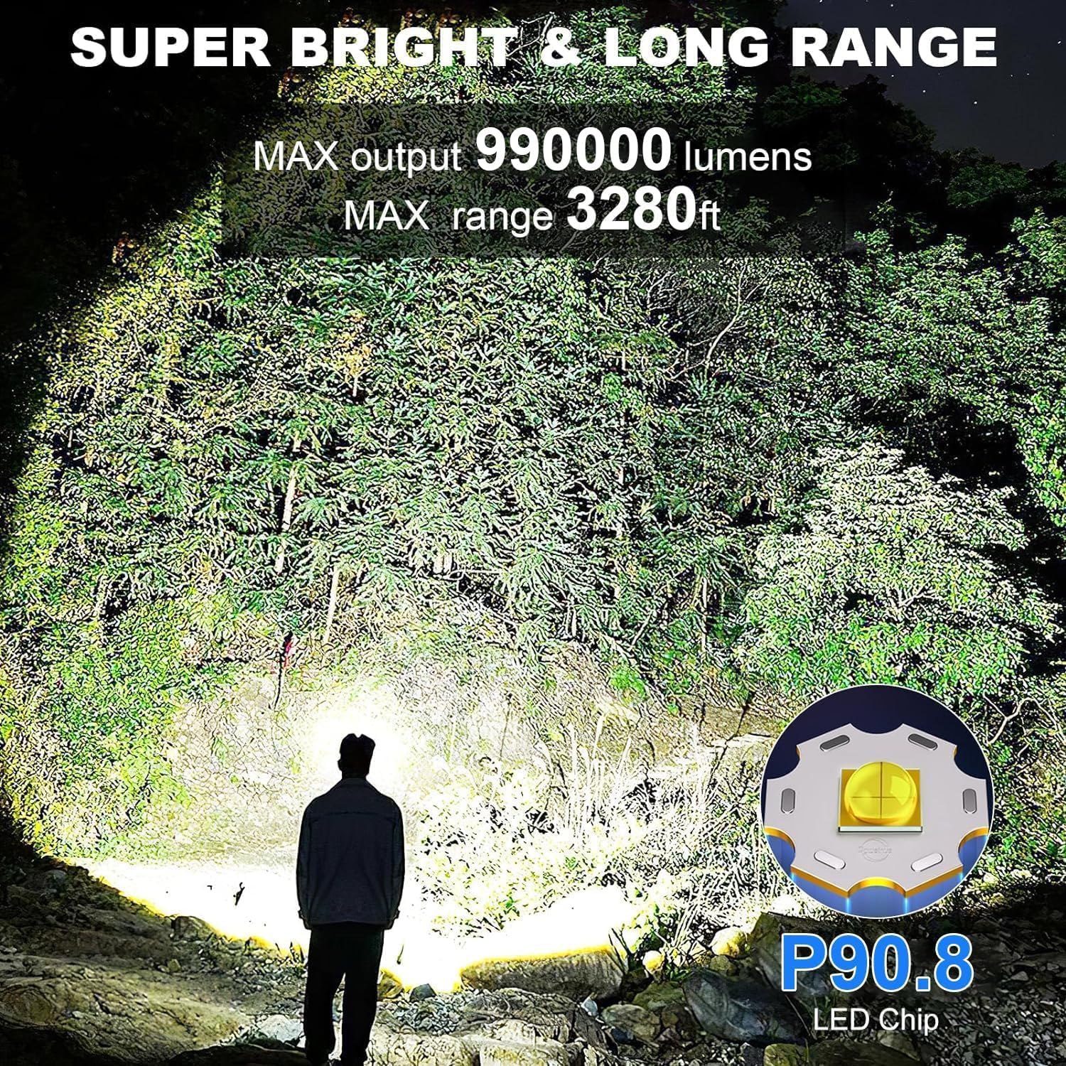 Bright Portable 990000 Lumens Adjustable Rechargeable IPX6 Waterproof