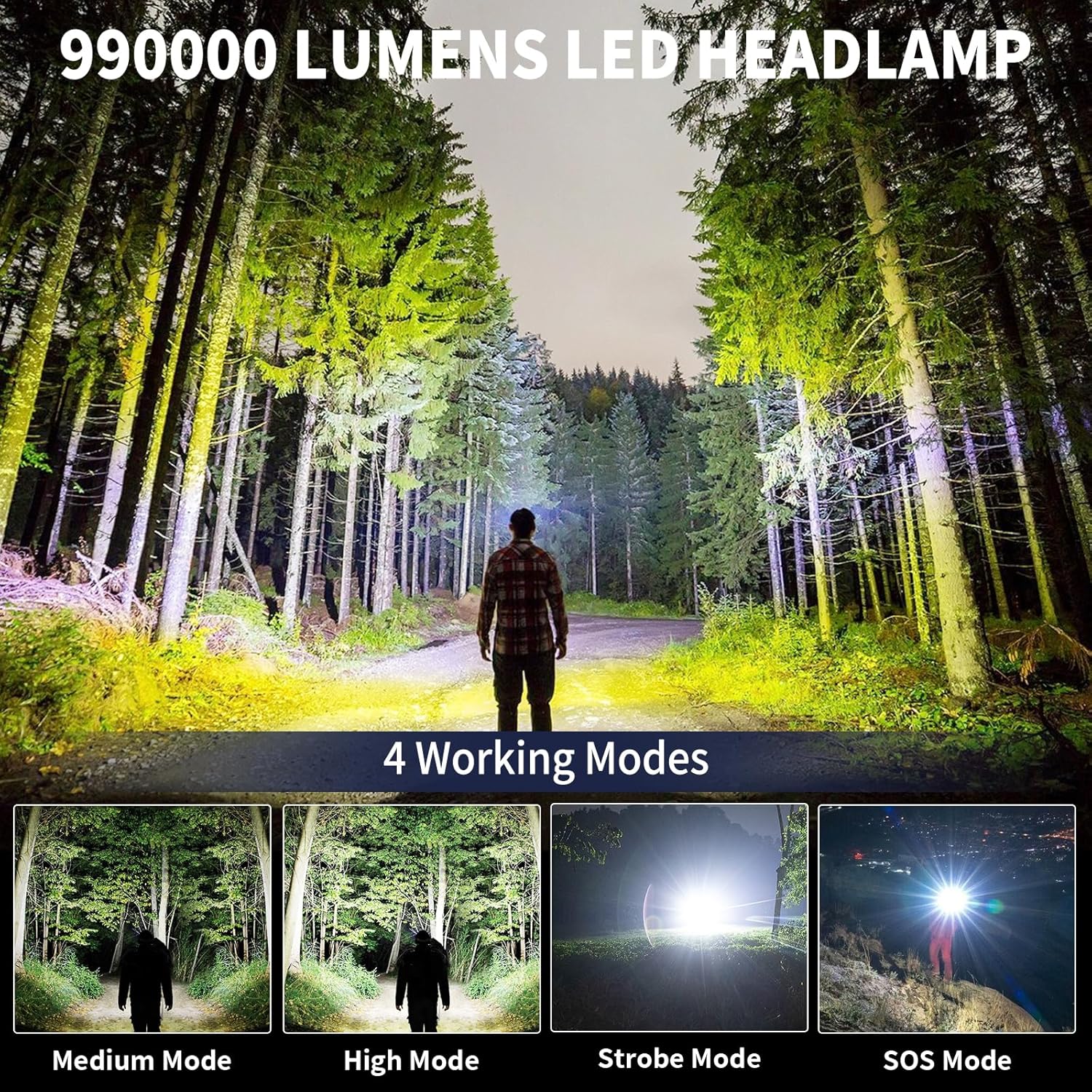 Cinlinso Rechargeable Headlamp 2-Pack 4 Modes 90 Adjustable 990000 Lumens IPX6 Waterproof